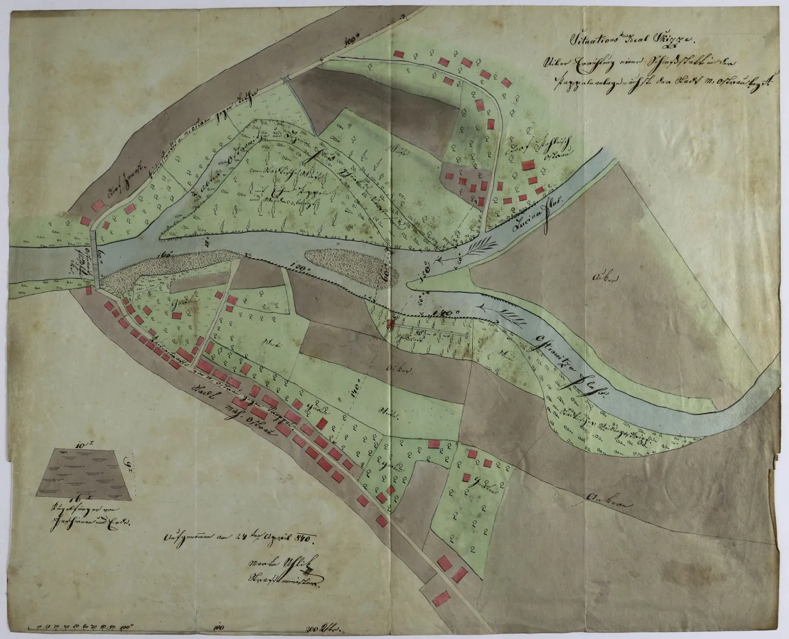 Situační náčrtek pro zřízení městské střelnice na pravém břehu řeky
Ostravice v místech původního meandru řeky, autor cestmistr Martin Uhlik,
r. 1840 (Archiv města Moravská Ostrava)