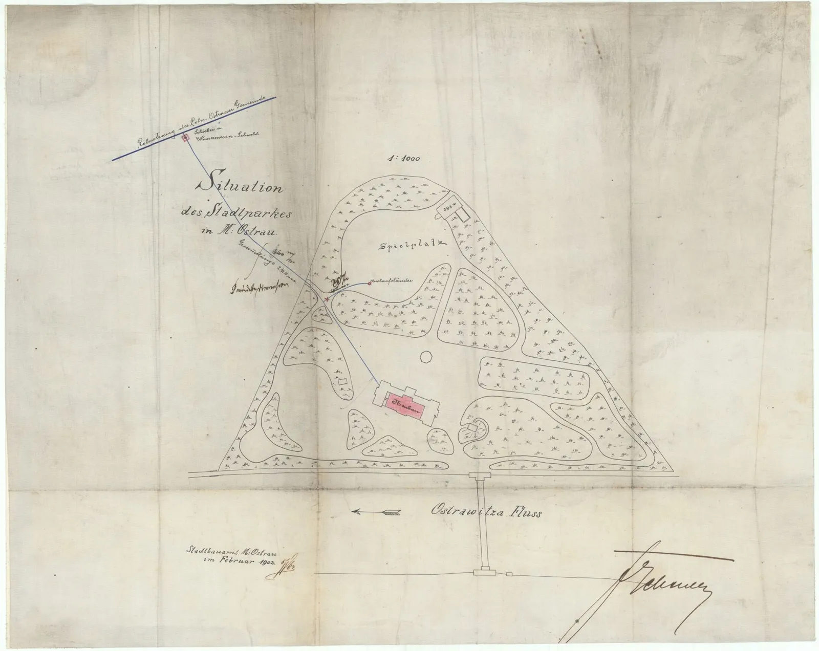 Situační plán Městského parku s vyznačenou plánovanou novostavbou restaurace, r. 1902